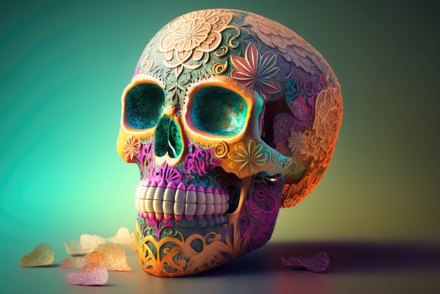This image showcases a vibrant and intricately designed skull adorned with floral patterns and bright colors. The skull features detailed, lace-like textures and a combination of different hues, creating an eye-catching piece of art. This striking depiction can be used in creative projects, art galleries, event promotions, or as a unique decorative element for Day of the Dead celebrations, Halloween, or art-related content.