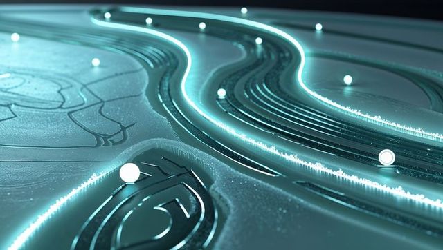 Futuristic Cyber Landscape with Glowing Cyan Paths and Spheres