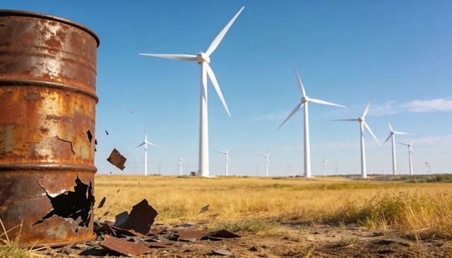 Rusty barrel contrasting with clean wind turbines in dry field renewable energy concept