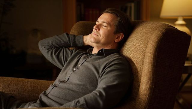 Middle-aged man relaxing in cozy armchair with warm lamp light, calm evening atmosphere