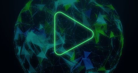 Neon arrow in digital network globe on black background