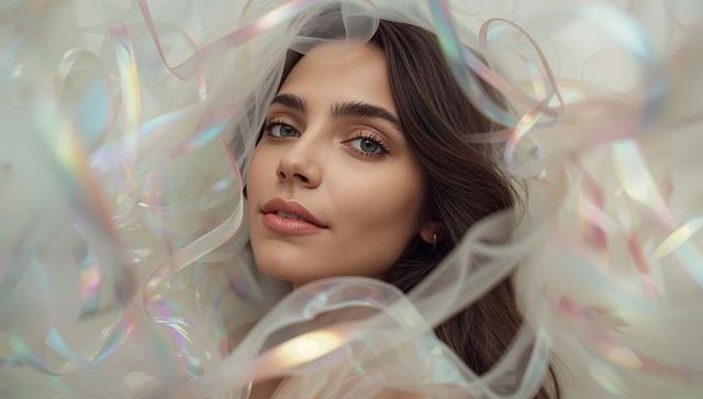 Ethereal young woman portrait framed by iridescent ribbons and translucent tulle veil