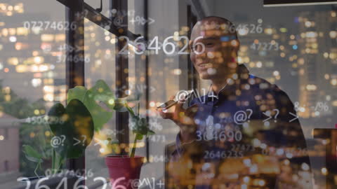 Businessman in Modern Office with Digital Data Overlay