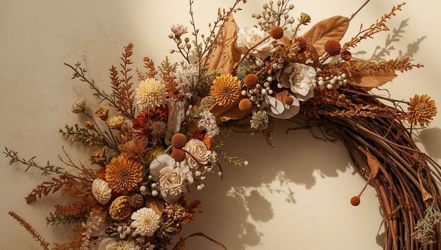 Rustic autumn grapevine crescent wreath with dried flowers, billy balls and pinecones