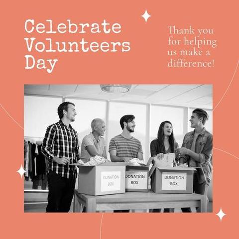 Composition of volunteer day text, black and white photo of diverse volunteers with donation boxes. International volunteer day and helping concept.