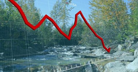Red Line Chart Over Forest Stream Illustrating Economic Downtrend