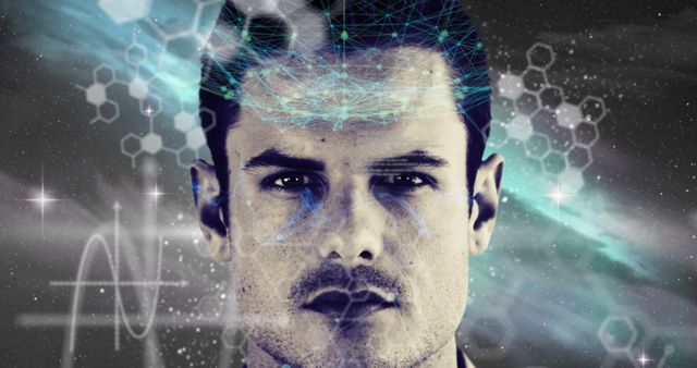 Depicting a man with a digital brain interface surrounded by scientific graphics, this image is ideal for technology-focused projects, article illustrations about artificial intelligence, sci-fi concepts, and innovation-themed presentations.