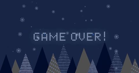 Retro pixel game over glowing in navy winter night with geometric patterned trees