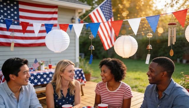 Backyard fourth of july gathering with diverse friends chatting under patriotic bunting