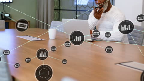 Businessman Analyzing Digital Data Network in Modern Office