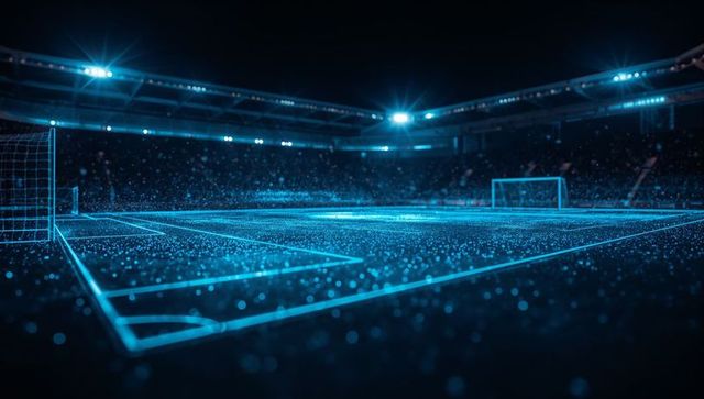 Glowing neon-blue digital soccer pitch lighting futuristic stadium at night with holographic grid