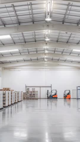Vertical warehouse video showing forklifts, stacked pallets, concrete floor, copy space