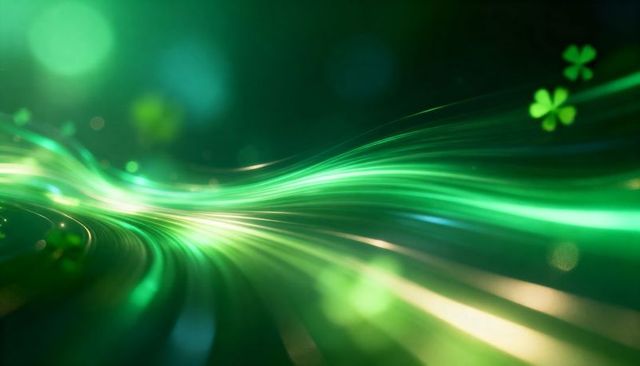 Emerald ribbons flowing and glowing with shamrock motifs, abstract neon motion background