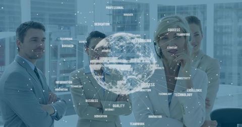 Multiethnic corporate team analyzing holographic globe for data-driven global strategy
