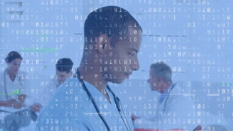 Healthcare Professional Using Tablet with Binary Code Overlay