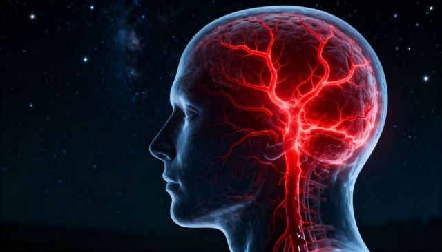 Translucent human head illustrating glowing brain vasculature and upper spinal circulation