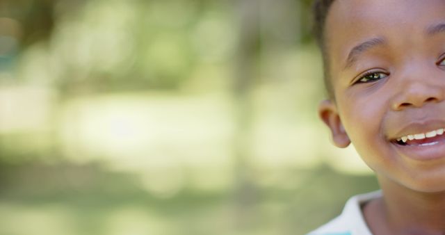 Image depicts a close-up of a happy African American boy smiling outdoors. The background shows a blurry nature setting, indicating a sunny day. This image can be used in advertisements, blogs, or articles related to childhood, happiness, health, and family life.