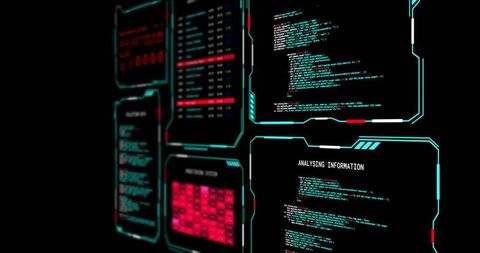Neon Cyber HUD Interface with Glowing Code Panels and Analysing Information Dashboard