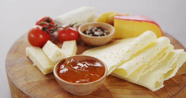 This image showcases an assortment of sliced cheeses, cherry tomatoes, a small bowl of jam, and a selection of spices on a wooden board, ideal for use in culinary blogs, recipe websites, gourmet food advertising, or food-related publications. The composition highlights a rustic, appetizing setting perfect for presenting snack ideas, appetizer arrangement, or deli product promotion.