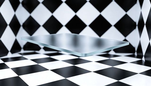 Floating glass panel hovering over checkerboard floor reflective levitating display stand