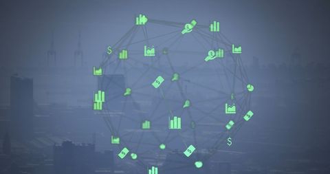 Digital Interface with Financial Icons Over Urban Skyline - Download Free Stock Images Pikwizard.com