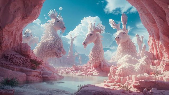 Surreal Pastel Canyon with Ethereal Sculptures