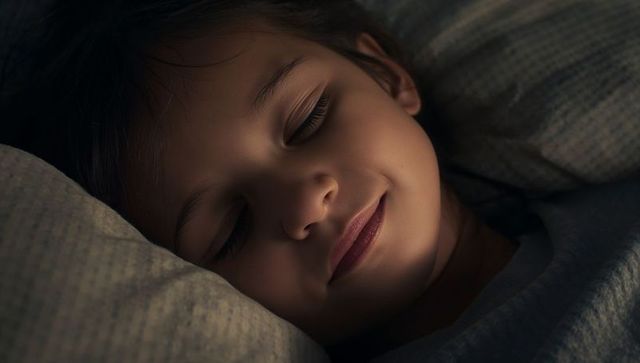 Sleeping child smiling softly on pillow with cozy bedding and gentle night light