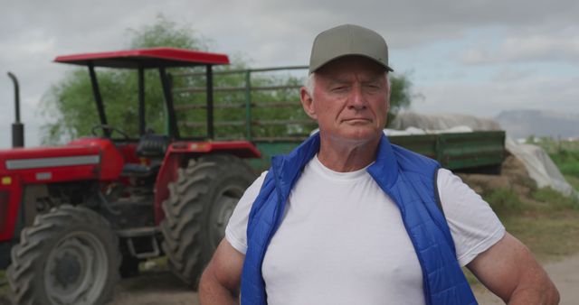 Confident Senior Farmer Standing by Tractor in Rural Field - Download Free Stock Images Pikwizard.com