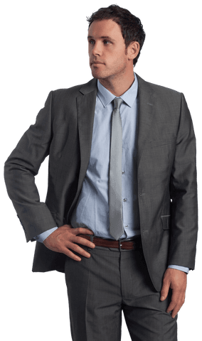 Transparent Serious Businessman in Gray Suit with Hand on Hip