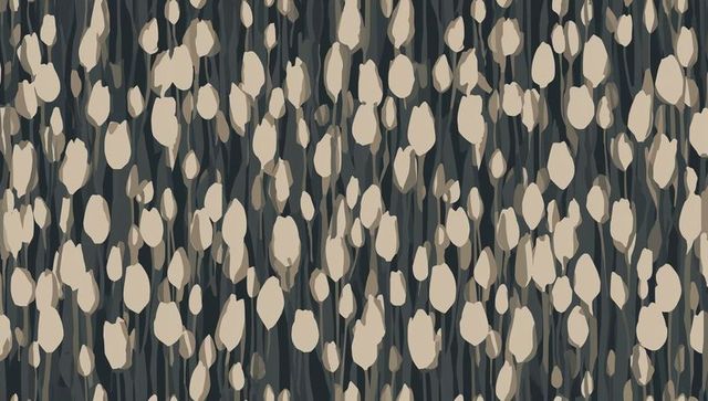 Beige abstract floral repeat, rounded buds and vertical brushstroke motif for wallpaper