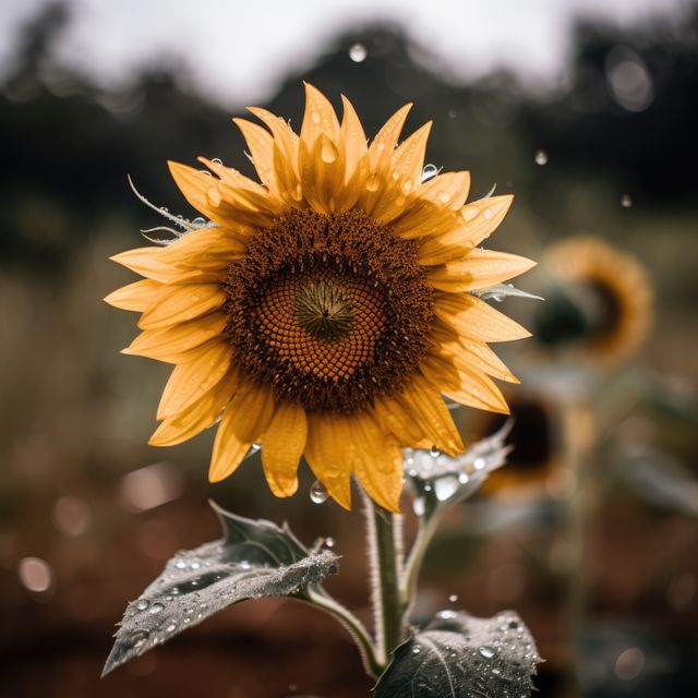 Close-up of vibrant sunflower with dewdrops on its petals immediately after rain. Perfect for nature-related articles, gardening blogs, summer themes, wallpaper designs, and floral greeting cards due to its freshness and detailed appearance.