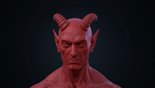 Realistic 3d digital sculpture of horned red creature