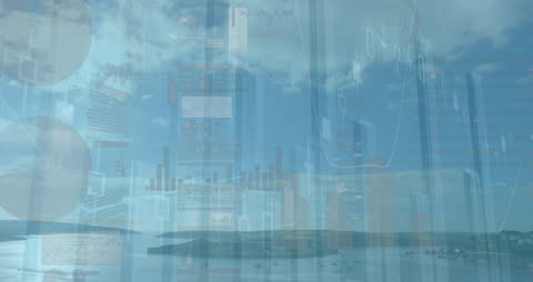 Futuristic Financial Graphs Overlooking Serene Seascape