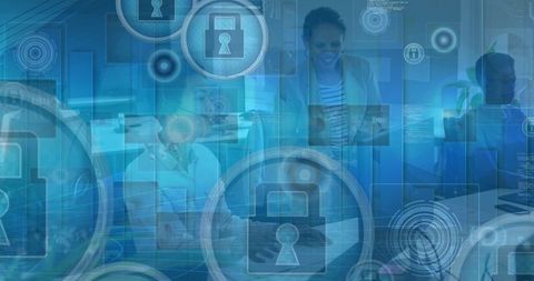 Digital interface overlay with business team in office