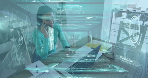 Businesswoman Analyzing Data with Holographic Display