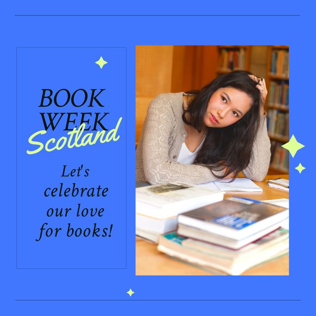 Promote Book Week Scotland with an image of a biracial student deeply engrossed in reading at the library. Perfect for educational campaigns, events celebrating the love of reading, and promoting literacy programs.