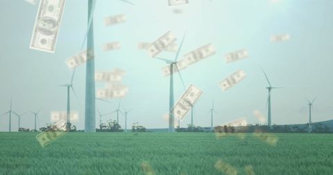 Wind Turbines in Green Field with Falling Money Symbolizing Renewable Energy Investments - Download Free Stock Images Pikwizard.com