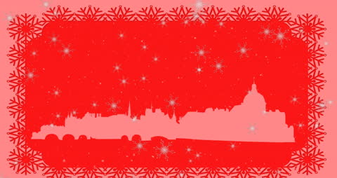 Festive Red and Pink Skyline Silhouette with Snowflakes