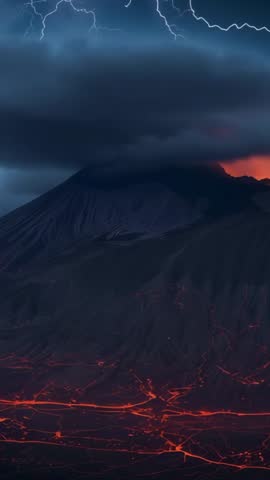 Vertical video erupting volcano pulsing lava veins amid storm lightning and rising ash plume