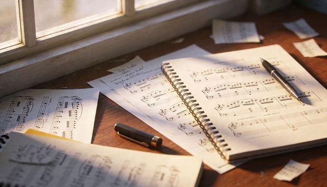 Sunlight streaming over spiral-bound music manuscript on wooden desk with fountain pen