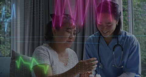 Home nurse assisting patient with medication management and ecg overlay for telehealth