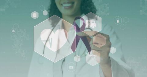 Doctor engaging with medical interface holographic icons