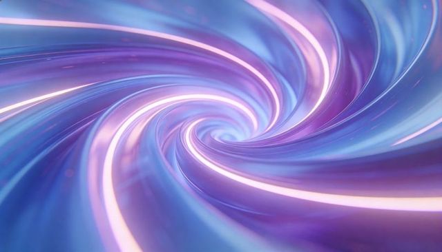 Swirling neon vortex of glossy ribbons pulling into hypnotic purple blue spiral