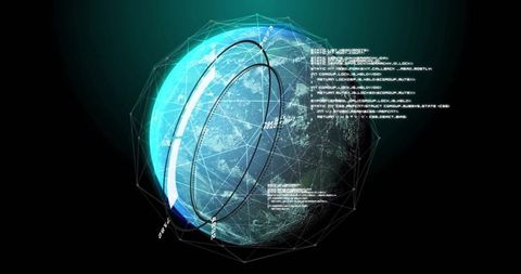 Futuristic digital globe with data streams and geometric patterns