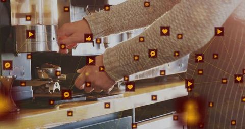 Barista Crafting Espresso Amidst Digital Social Media Icons