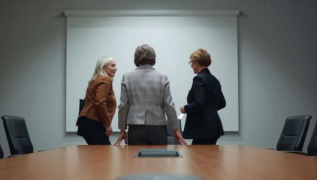 Senior women executives standing in boardroom discussing strategy with folder and screen
