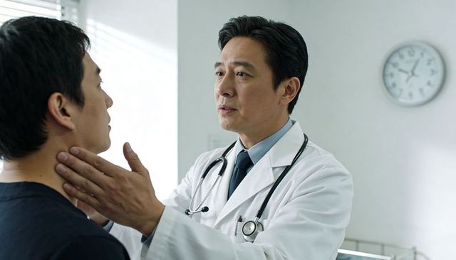 Doctor palpating patient neck during clinical exam with stethoscope in medical office