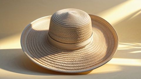 Wide-brim straw hat on yellow background with soft shadows