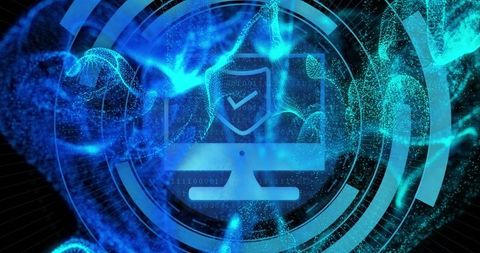 Abstract cybersecurity concept with digital elements and shield