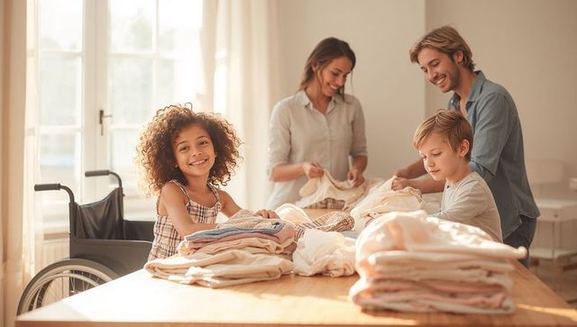 Family Together Caring for Laundry in Bright Home Setting